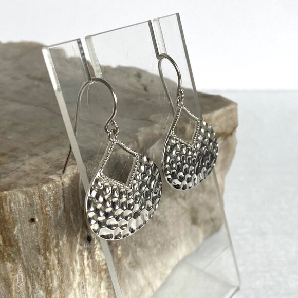 Sterling Silver 925 Teardrop Disc Hammered Dangle Drop Earrings - Picture 16 of 16